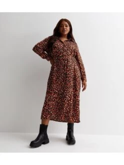 New Look Curves Red Leopard Print Satin Tie Waist Midaxi Shirt Dress -RIVE IS Clothing Shop VP27F SQ3 0000000270 PRINT MDo