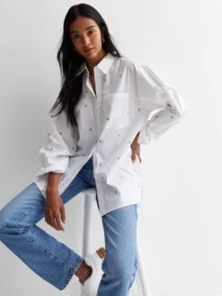 New Look White Cotton Star Embroidered Oversized Shirt