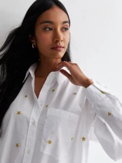 New Look White Cotton Star Embroidered Oversized Shirt -RIVE IS Clothing Shop VP28D SQ4 0000000270 PRINT MDd