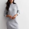 New Look Pale Grey Ribbed Knit High Neck Mini Dress