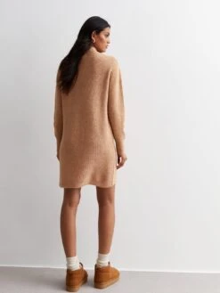 New Look Camel Ribbed Knit High Neck Mini Dress -RIVE IS Clothing Shop VP2AA SQ2 0000000143 BROWN MDb