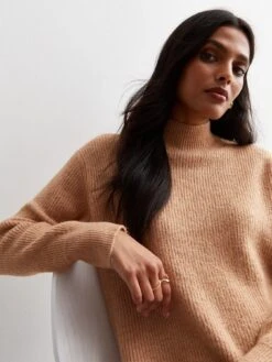 New Look Camel Ribbed Knit High Neck Mini Dress -RIVE IS Clothing Shop VP2AA SQ4 0000000143 BROWN MDd