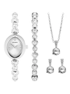 Sekonda Womens Silver Alloy Bracelet With Silver Dial Analogue Watch And Matching Pendant And Earrings Gift Set