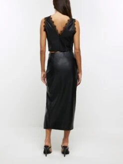 River Island Lace Trim Pu Midi Skirt - Black -RIVE IS Clothing Shop VPEY8 SQ2 0000000004 BLACK MDb