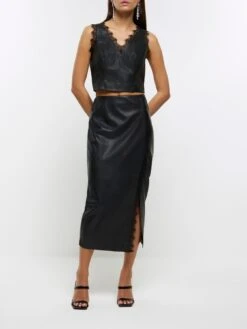 River Island Lace Trim Pu Midi Skirt - Black -RIVE IS Clothing Shop VPEY8 SQ3 0000000004 BLACK MDo