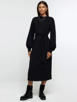 River Island Tie Waist Jersey Midi Dress - Black -RIVE IS Clothing Shop VPG74 SQ3 0000000004 BLACK MDo