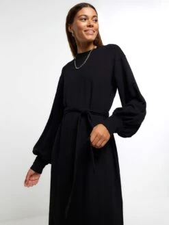 River Island Tie Waist Jersey Midi Dress - Black -RIVE IS Clothing Shop VPG74 SQ4 0000000004 BLACK MDd