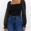River Island Organza Sleeve Top - Black
