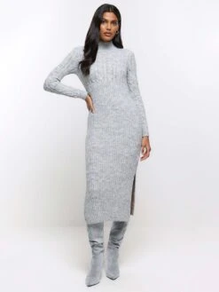 River Island Cable Knit Mix Dress - Light Grey -RIVE IS Clothing Shop VPGGW SQ3 0000000005 GREY MDo