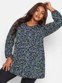 Yours Long Sleeve Pleat Swing Blue Ditsy