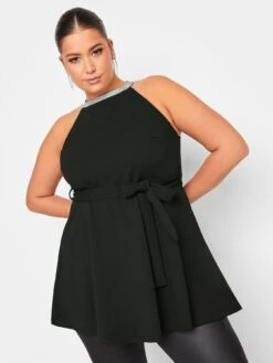 Yours Diamante Choker Peplum Top - Black