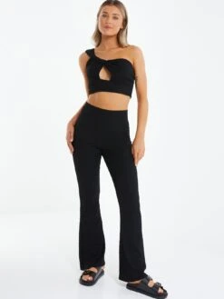 Quiz Black Textured High Waisted Trousers