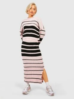 Boohoo Stripe Jumper And Skirt Knitted Co-ord - Pink