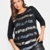 Yours Black Sequin Striped Top