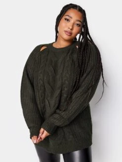 Yours Cable Cut Out Jumper Khaki