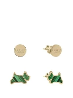 Radley Radley Ladies Dukes Place 18ct Pale Gold Plated Round Disc And Green Malachite Coloured Resin Jumping Dog Twin Pack Earring Set
