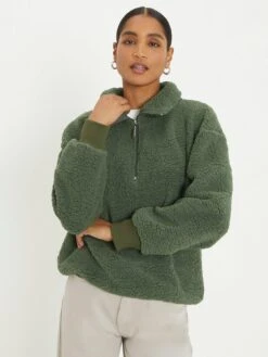 Dorothy Perkins Half Zip Rib Collar Sweatshirt - Khaki