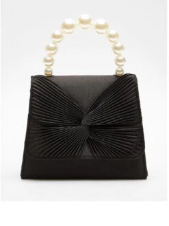 Quiz Black Satin Twist Pearl Handle Bag
