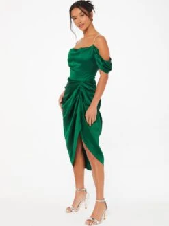 Quiz Petite Green Satin Ruched Cold Shoulder Midi Dress -RIVE IS Clothing Shop VQSTS SQ3 0000000047 GREEN MDo