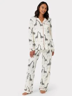 CHELSEA PEERS Maternity Cream Giraffe Button Up Long Pyjama Set