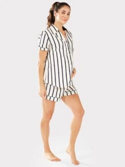 CHELSEA PEERS Maternity Navy/cream Stripe Organic Cotton Button Up Short Pyjama Set -RIVE IS Clothing Shop VQUNX SQ3 0000000013 WHITE MDo