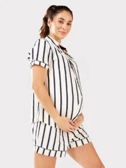 CHELSEA PEERS Maternity Navy/cream Stripe Organic Cotton Button Up Short Pyjama Set -RIVE IS Clothing Shop VQUNX SQ5 0000000013 WHITE MDd1