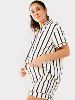 CHELSEA PEERS Maternity Navy/cream Stripe Organic Cotton Button Up Short Pyjama Set -RIVE IS Clothing Shop VQUNX SQ6 0000000013 WHITE MDd2