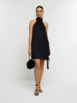 River Island Frill Detail Halterneck Dress - Black