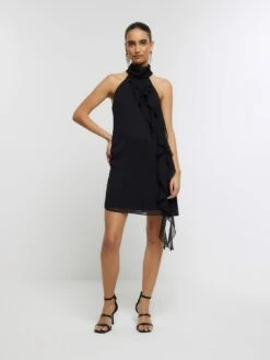 River Island Frill Detail Halterneck Dress - Black -RIVE IS Clothing Shop VQYKG SQ3 0000000004 BLACK MDo