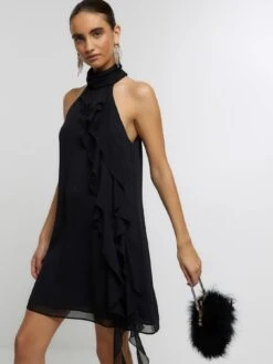 River Island Frill Detail Halterneck Dress - Black -RIVE IS Clothing Shop VQYKG SQ4 0000000004 BLACK MDd