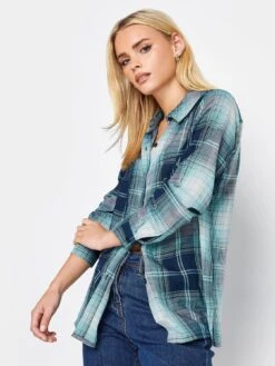 PixieGirl Petite Check Boyfriend Shirt - Blue
