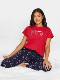 PixieGirl Petite Tis The Season Candy Cane Cuffed Pj Set - Red