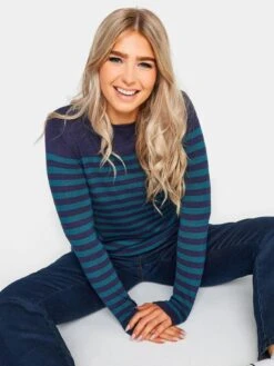 M&Co Petite Stripe Crew Neck Jumper - Blue