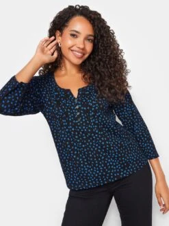 M&Co Petite Petite Henley Black/Colbalt Print