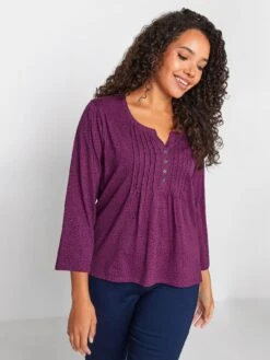 M&Co Petite Henley Animal Print Top - Purple