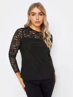 M&Co Petite Lace Sleeve Top - Black