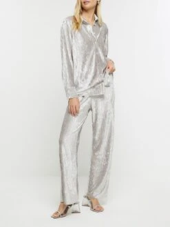 River Island Velvet Elasticated Trouser - Silver -RIVE IS Clothing Shop VRG21 SQ3 0000000035 SILVER MDo