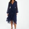 Quiz Navy Long Sleeve Tiered Midi Dress
