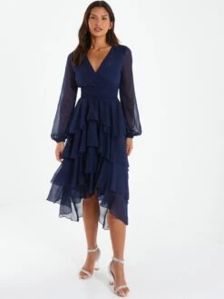Quiz Navy Long Sleeve Tiered Midi Dress