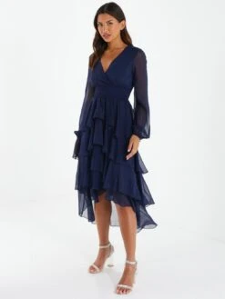 Quiz Navy Long Sleeve Tiered Midi Dress -RIVE IS Clothing Shop VRHD0 SQ3 0000000354 DARK BLUE MDo