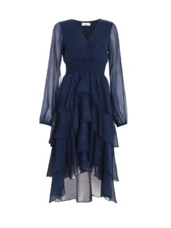 Quiz Navy Long Sleeve Tiered Midi Dress -RIVE IS Clothing Shop VRHD0 SQ4 0000000354 DARK BLUE MDd
