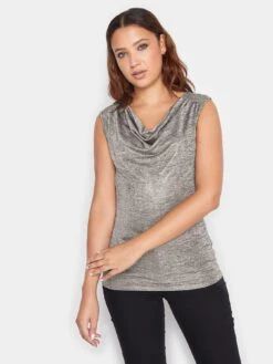 Long Tall Sally Metallic Sleeveless Cowl Neck Top - Silver