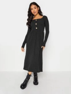 PixieGirl Petite Black Long Sleeve Rib Button Midaxi Dress