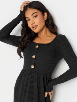 PixieGirl Petite Black Long Sleeve Rib Button Midaxi Dress -RIVE IS Clothing Shop VROCW SQ4 0000000004 BLACK MDd