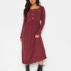 PixieGirl Petite Berry Long Sleeve Rib Button Midaxi Dress