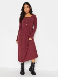 PixieGirl Petite Berry Long Sleeve Rib Button Midaxi Dress