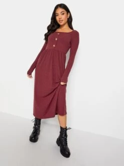 PixieGirl Petite Berry Long Sleeve Rib Button Midaxi Dress -RIVE IS Clothing Shop VROCX SQ3 0000000017 RED MDo