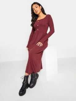 PixieGirl Petite Berry Long Sleeve Rib Button Midaxi Dress -RIVE IS Clothing Shop VROCX SQ4 0000000017 RED MDd