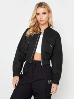 PixieGirl Petite Black Cropped Utility Pocket Bomber Jacket