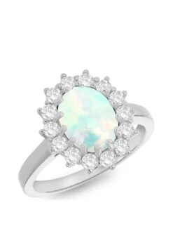 The Love Silver Collection Sterling Silver Rhodium Plated Oval Synthetic Opal And White CZ 12mm X 14mm Flower Cluster Ring